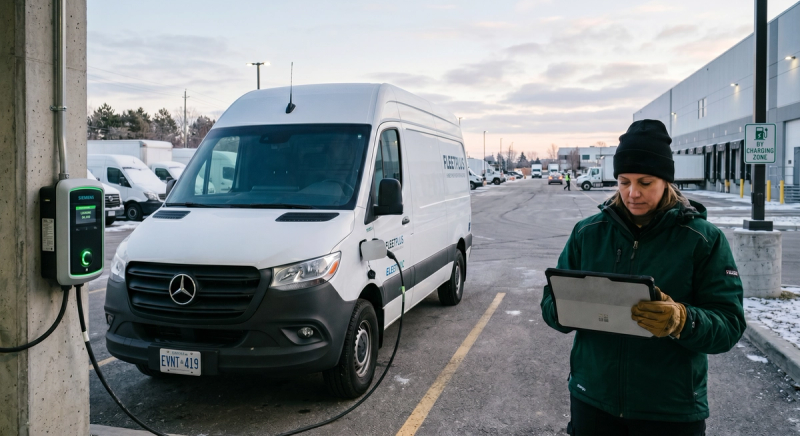 Fleet manager checking EV charging data at a commercial depot, Mercedes eSprinter on Level 2 charger.