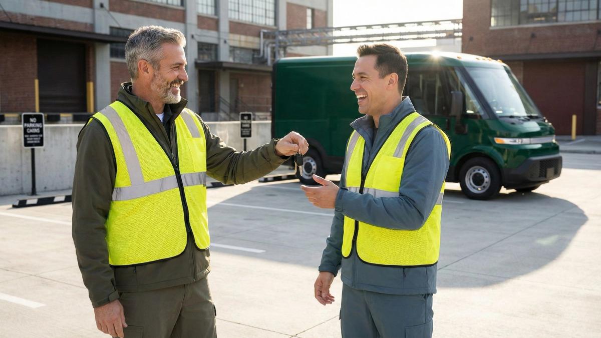 A fleet manager receives the keys to a new EV.