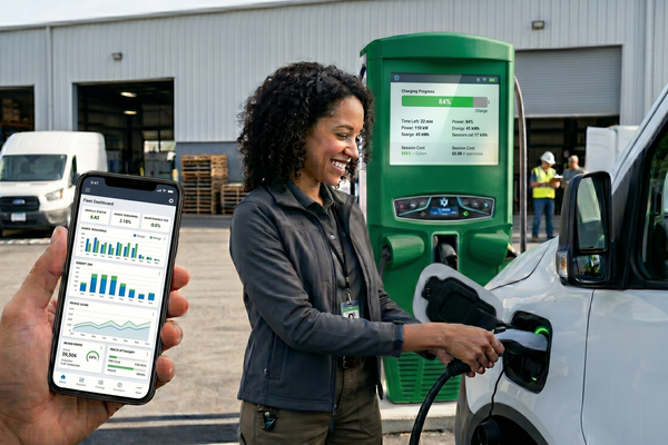 Fleet manager using EV fleet charging management software to monitor depot charging for an electric delivery van.