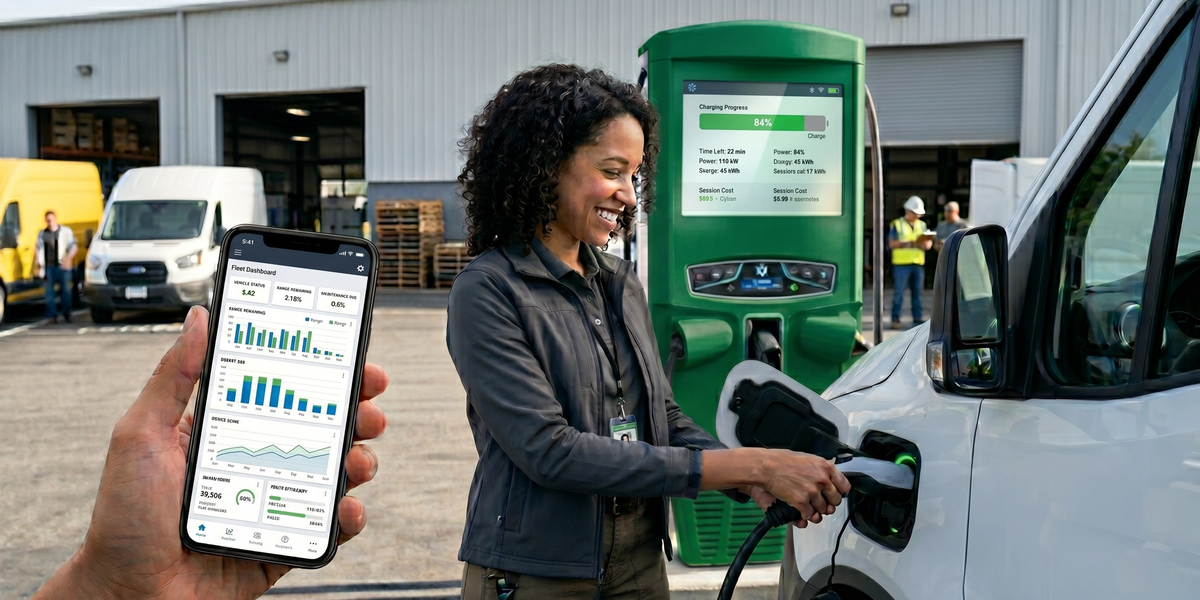 Fleet manager using EV fleet charging management software to monitor depot charging for an electric delivery van.