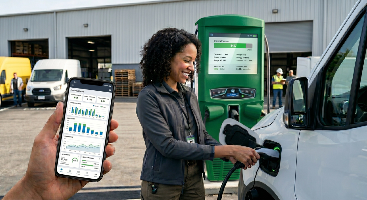 Fleet manager using EV fleet charging management software to monitor depot charging for an electric delivery van.
