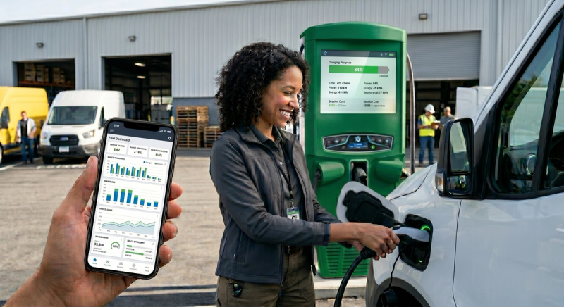 Fleet manager using EV fleet charging management software to monitor depot charging for an electric delivery van.