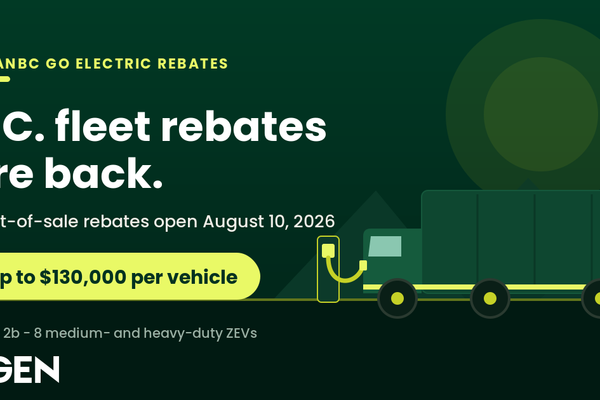 A commercial electric truck plugging into a charging station, announcing that B.C. fleet rebates up to $130,000 for Class 2b to 8 vehicles return on August 10, 2026.
