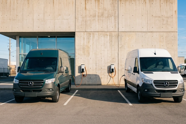 Two electric fleet vans charging at a commercial depot, concrete building, Canada.