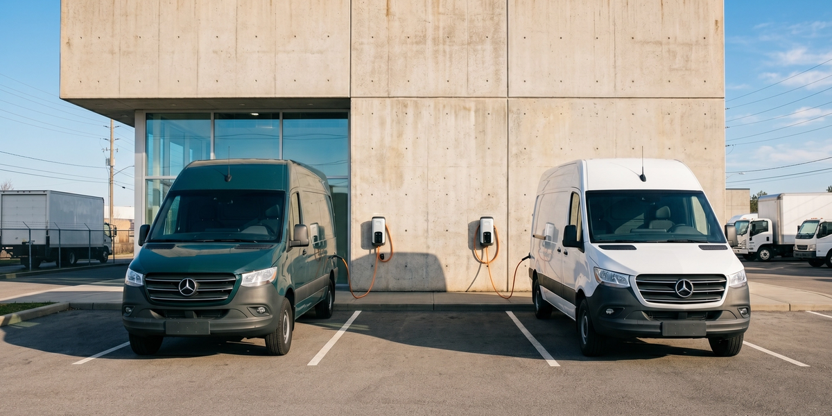 Two electric fleet vans charging at a commercial depot, concrete building, Canada.