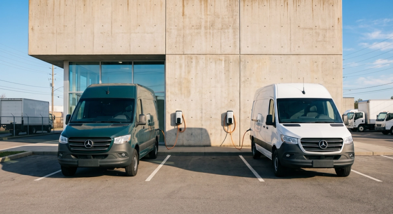 Two electric fleet vans charging at a commercial depot, concrete building, Canada.