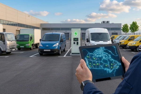 Fleet manager reviewing Canadian EV incentive map on tablet at commercial electric vehicle depot