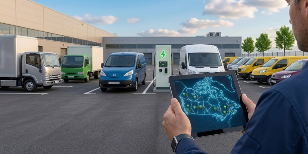 Fleet manager reviewing Canadian EV incentive map on tablet at commercial electric vehicle depot