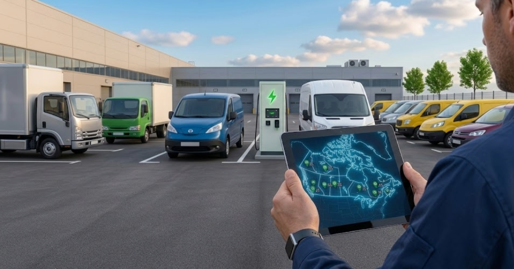 Fleet manager reviewing Canadian EV incentive map on tablet at commercial electric vehicle depot