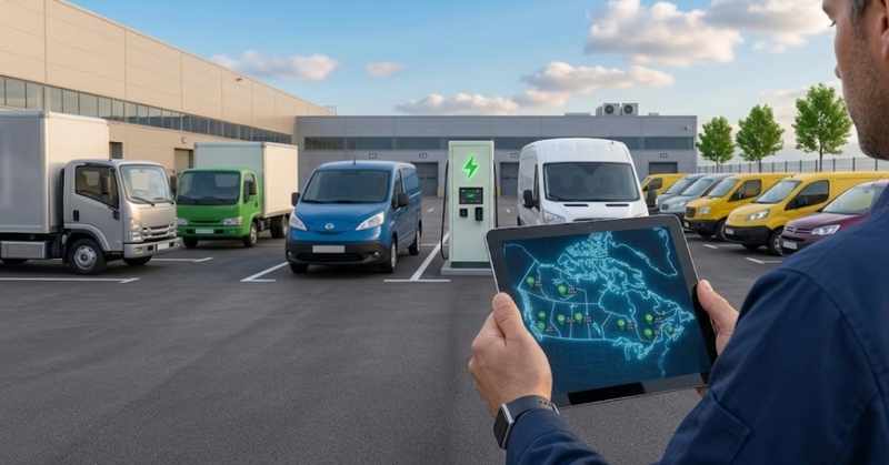 Fleet manager reviewing Canadian EV incentive map on tablet at commercial electric vehicle depot