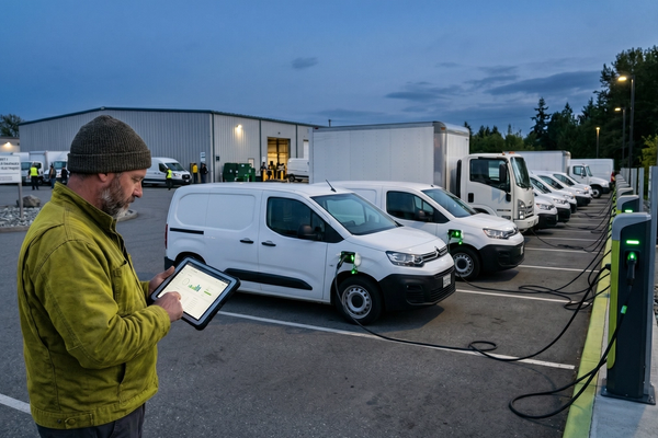 Fleet manager reviewing a charging dashboard at a Canadian depot where electric fleet vehicles charge overnight, illustrating electric fleet operations.