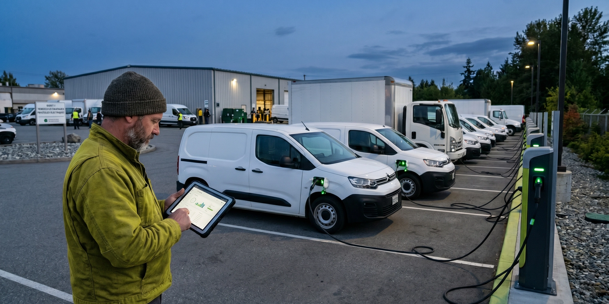 Fleet manager reviewing a charging dashboard at a Canadian depot where electric fleet vehicles charge overnight, illustrating electric fleet operations.