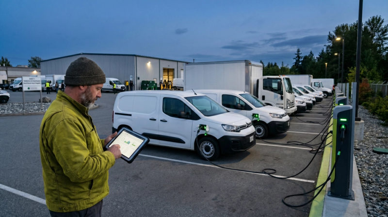 Fleet manager reviewing a charging dashboard at a Canadian depot where electric fleet vehicles charge overnight, illustrating electric fleet operations.