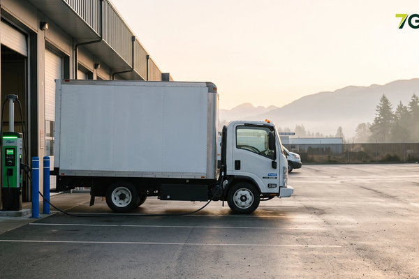 An electric delivery truck charging at a depot at sunrise.