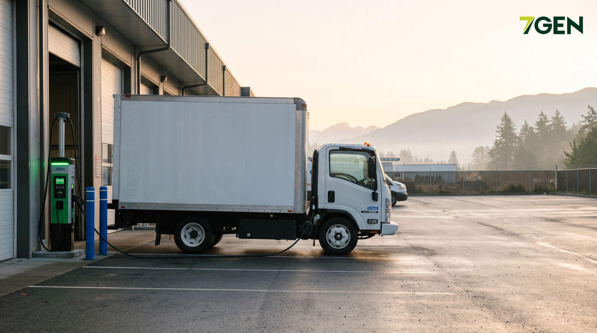 An electric delivery truck charging at a depot at sunrise.