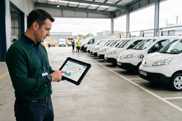 Fleet manager reviewing telematics dashboard on tablet at commercial electric van depot