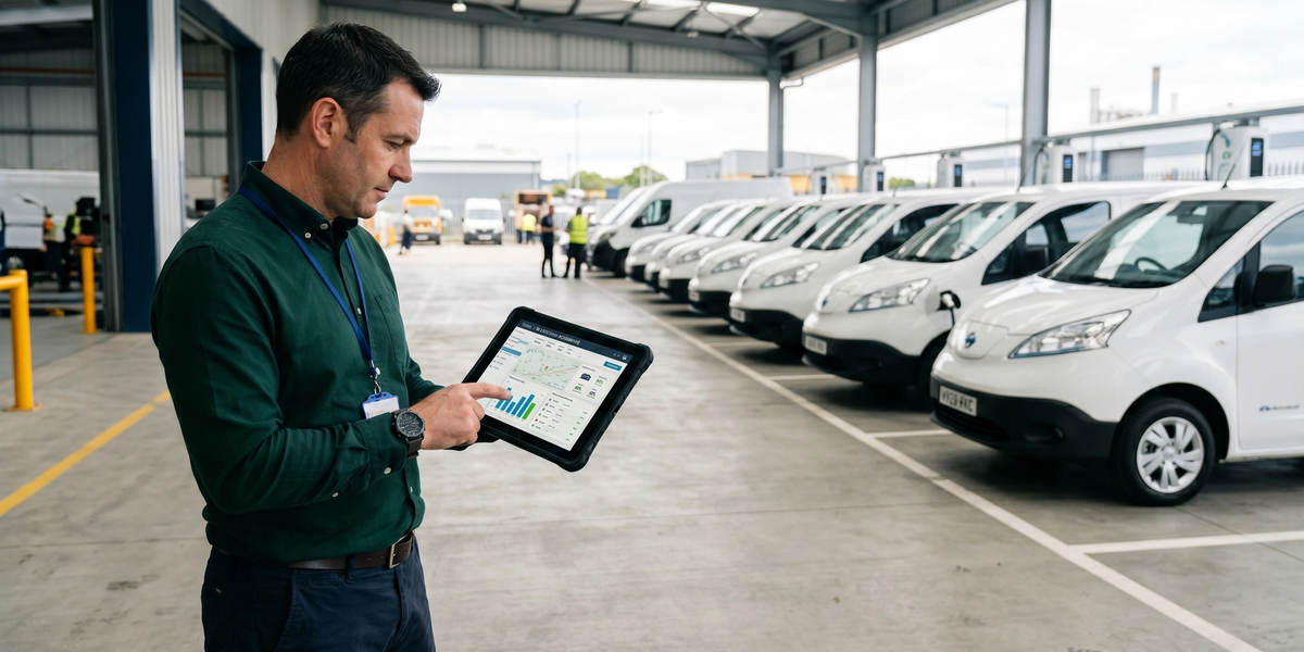 Fleet manager reviewing telematics dashboard on tablet at commercial electric van depot