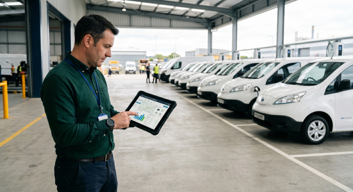 Fleet manager reviewing telematics dashboard on tablet at commercial electric van depot