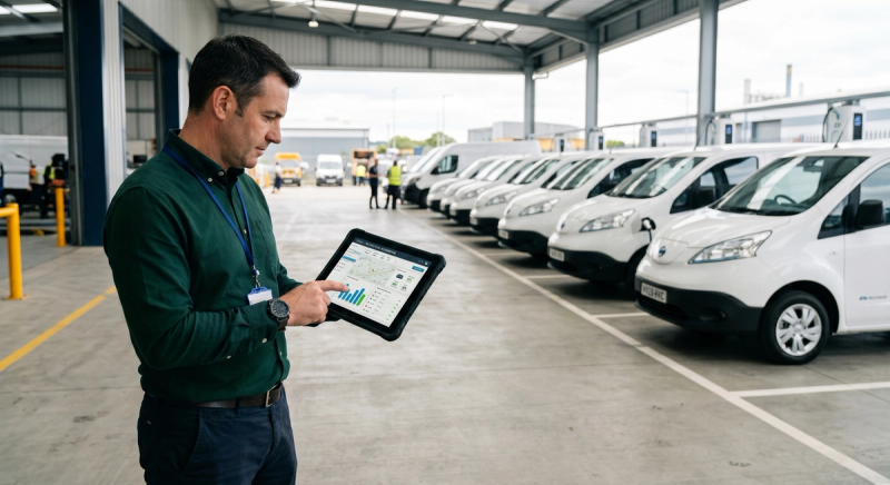 Fleet manager reviewing telematics dashboard on tablet at commercial electric van depot