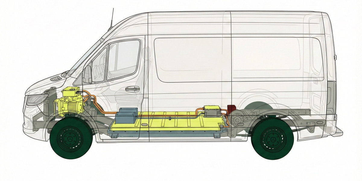 The engine and drive train of an electric cargo van.