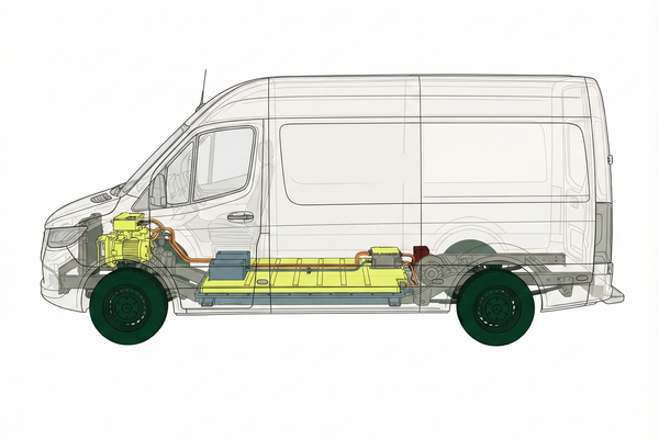 The engine and drive train of an electric cargo van.