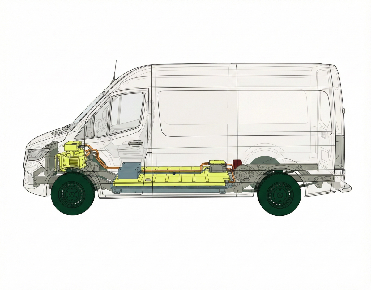 The engine and drive train of an electric cargo van.