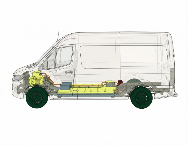 The engine and drive train of an electric cargo van.