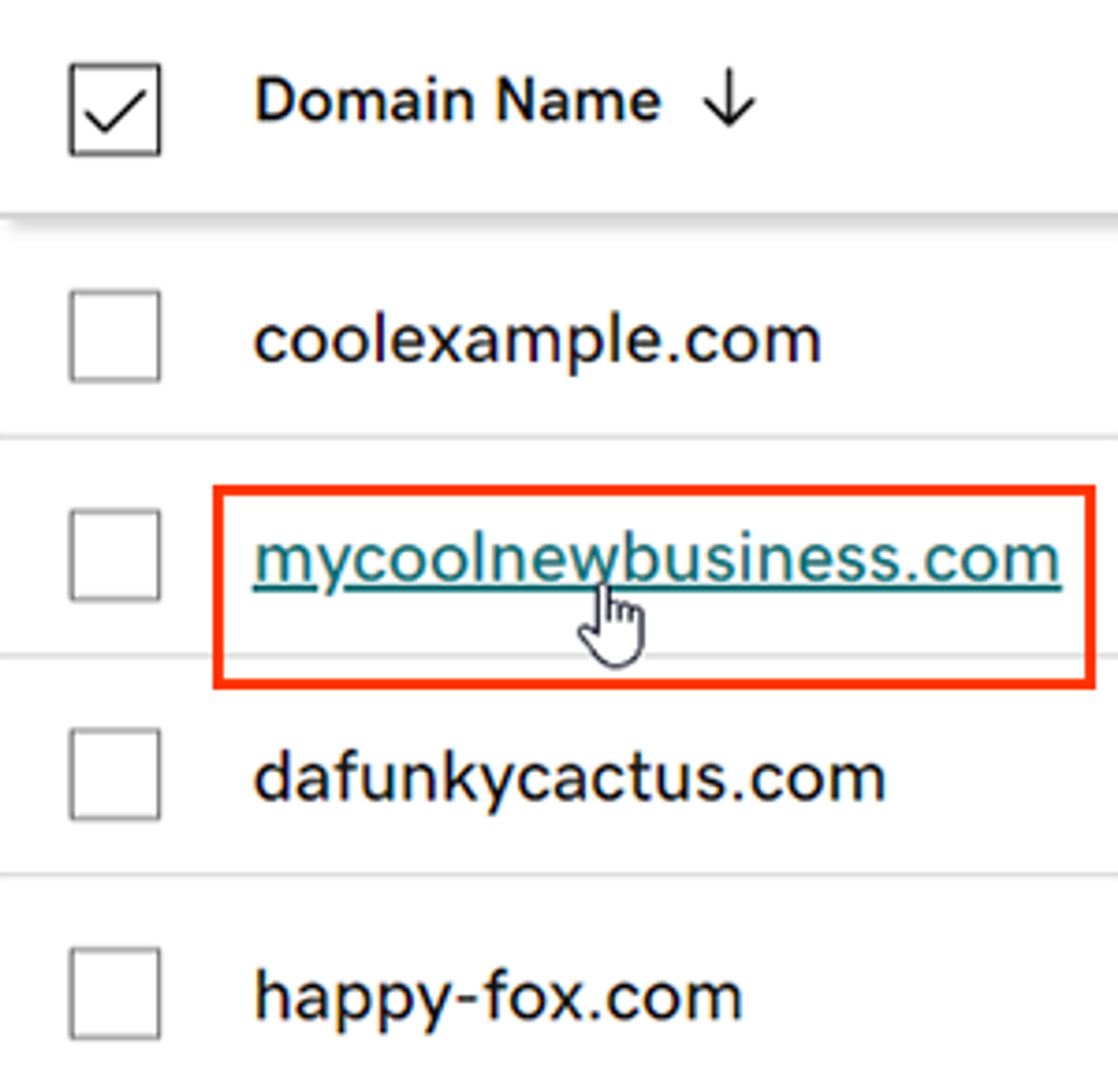 Screenshot showing the selection of domains from GoDaddy.