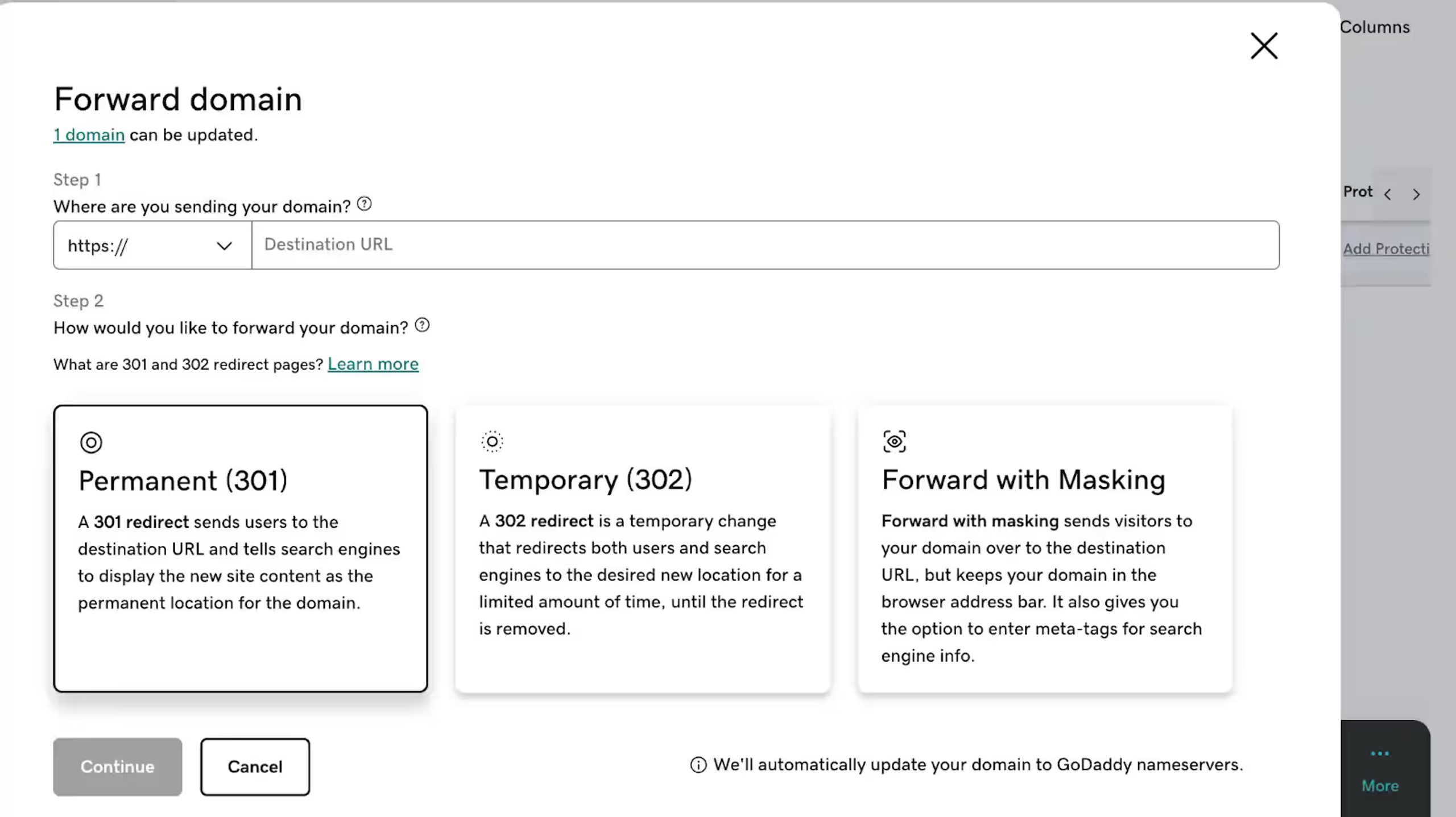 Screenshot showing GoDaddy forwarding options.