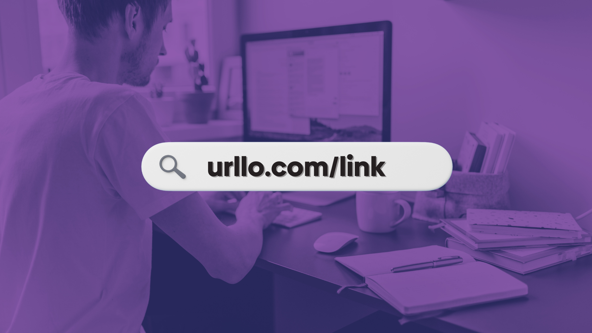 Photo showing a man at his desk using his computer. A purple overlay shows an internet search bar showing "urllo.com/link".