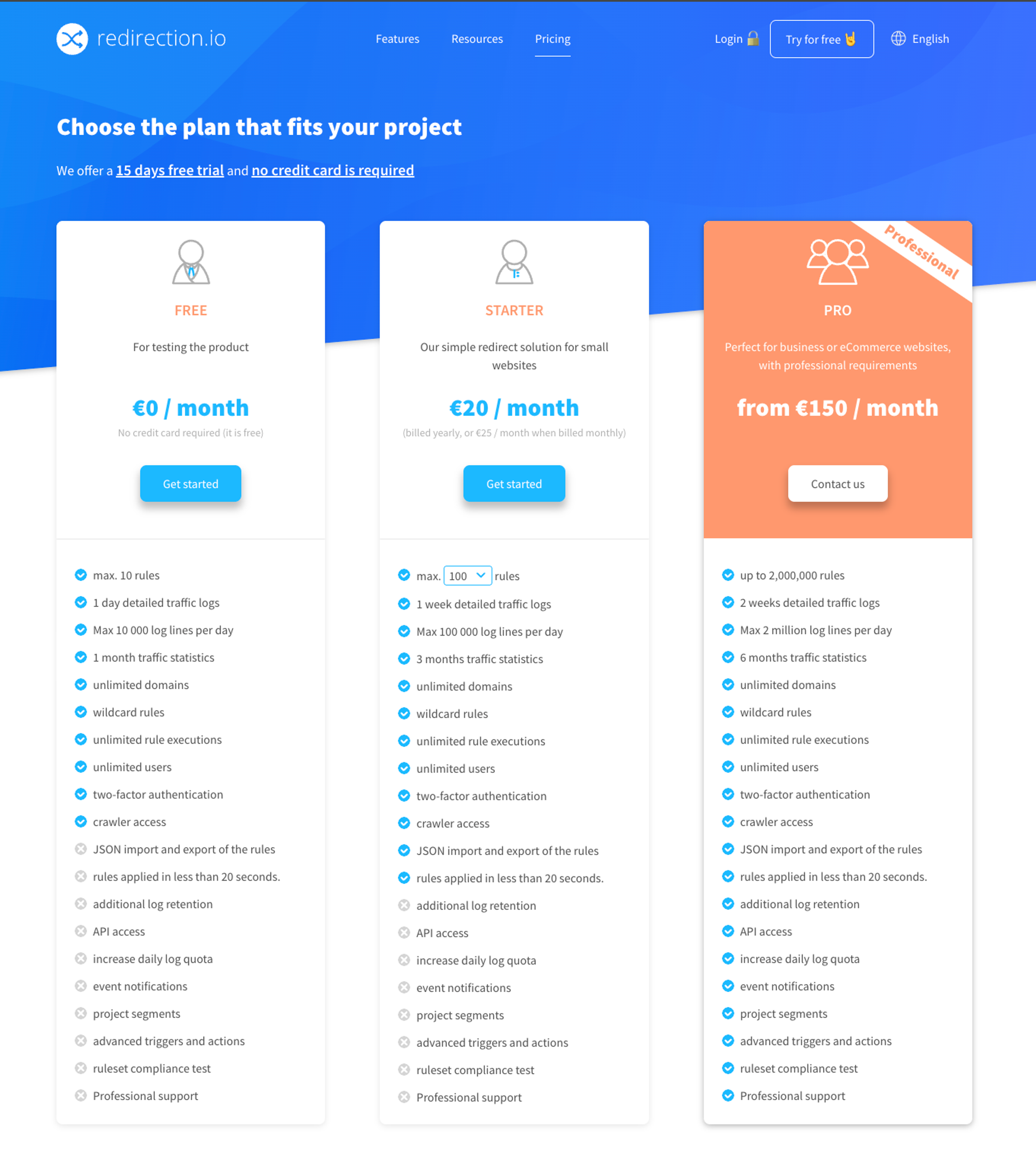 Screenshot of redirection.io's website showing their pricing.