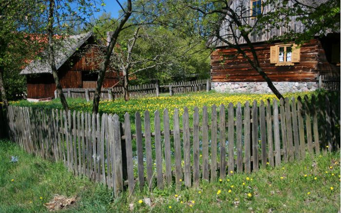 Tradycyjne ogrodzenie z drewnianych sztachet