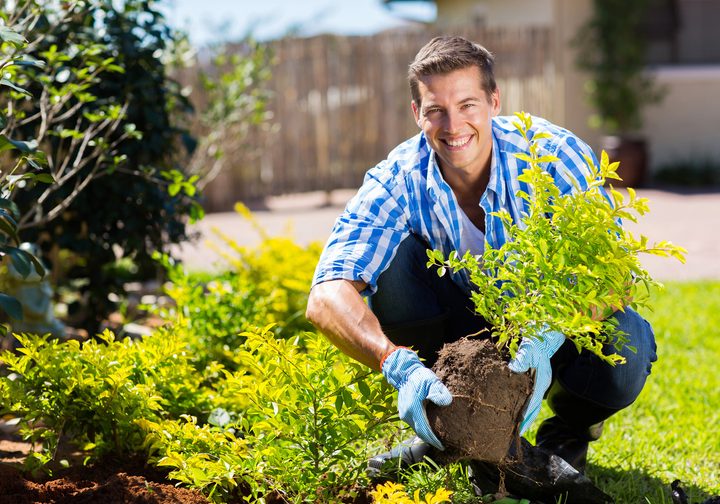 happy young man gardening in backyard