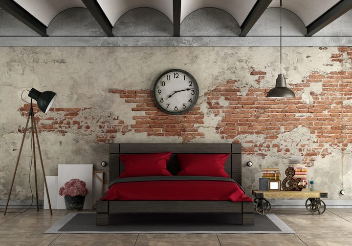 Master bedroom in industrial style with black double bad - 3d rendering
