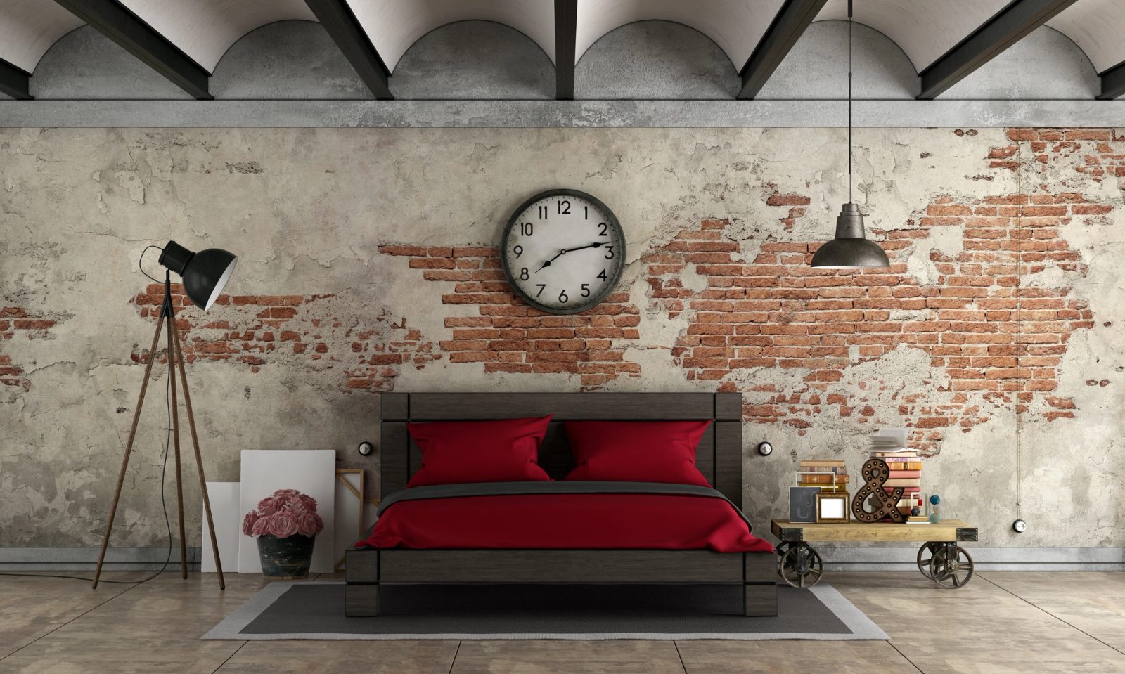 Master bedroom in industrial style with black double bad - 3d rendering