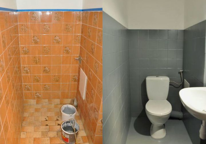 Malowanie płytek ceramicznych - toaleta przed i po malowaniu płytek