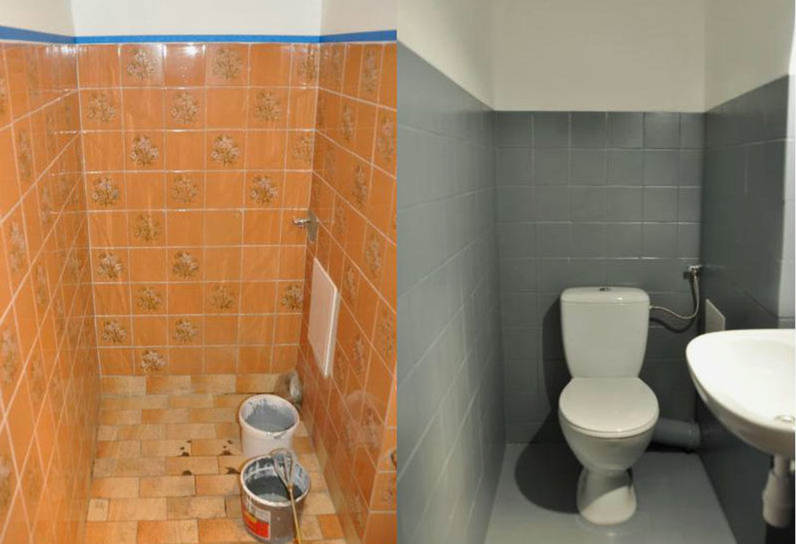 Malowanie płytek ceramicznych - toaleta przed i po malowaniu płytek