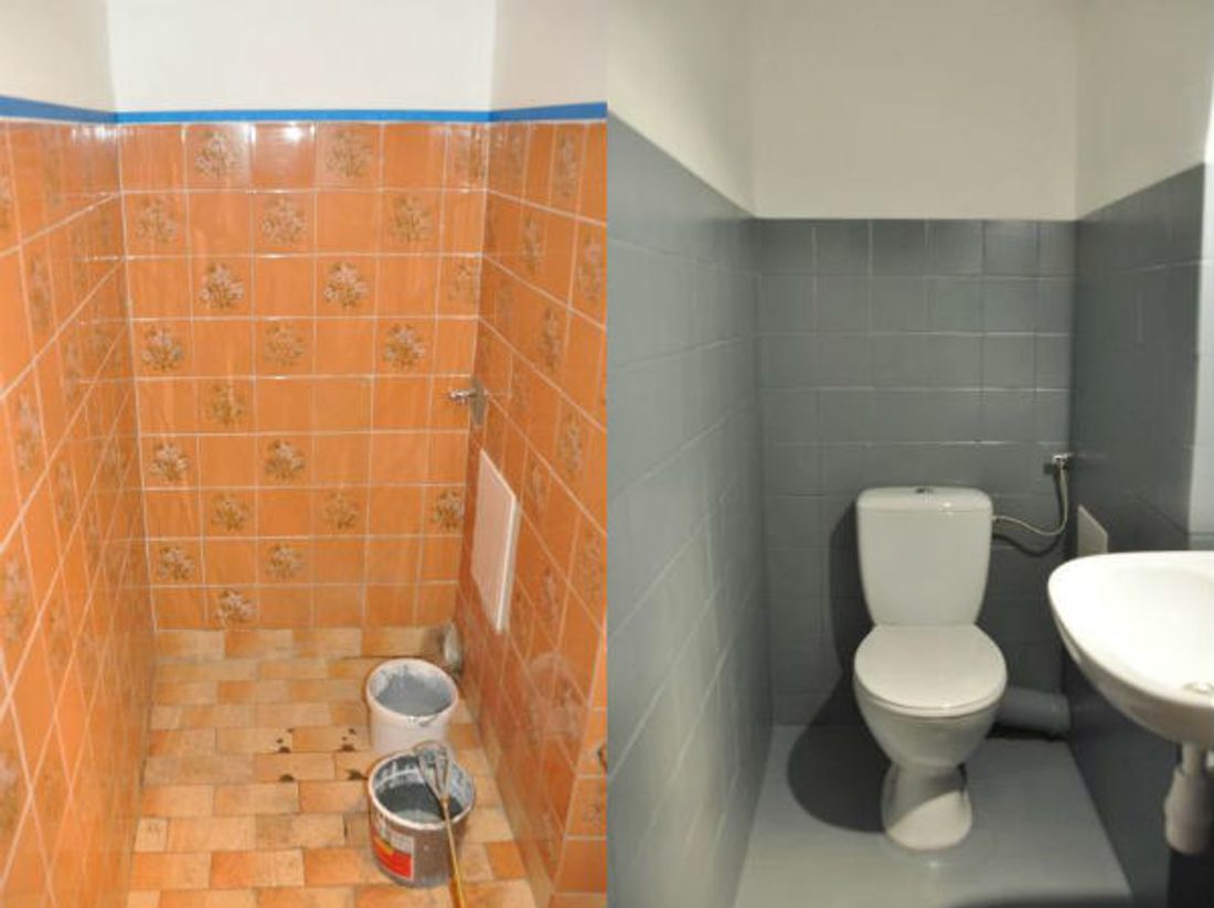 Malowanie płytek ceramicznych - toaleta przed i po malowaniu