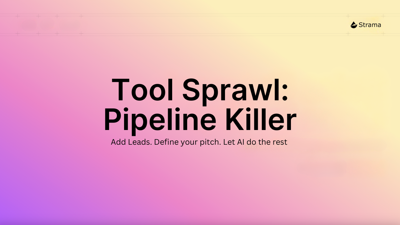 Tool Sprawl: Pipeline Killer headline on purple-yellow gradient background with Strama's solution tagline