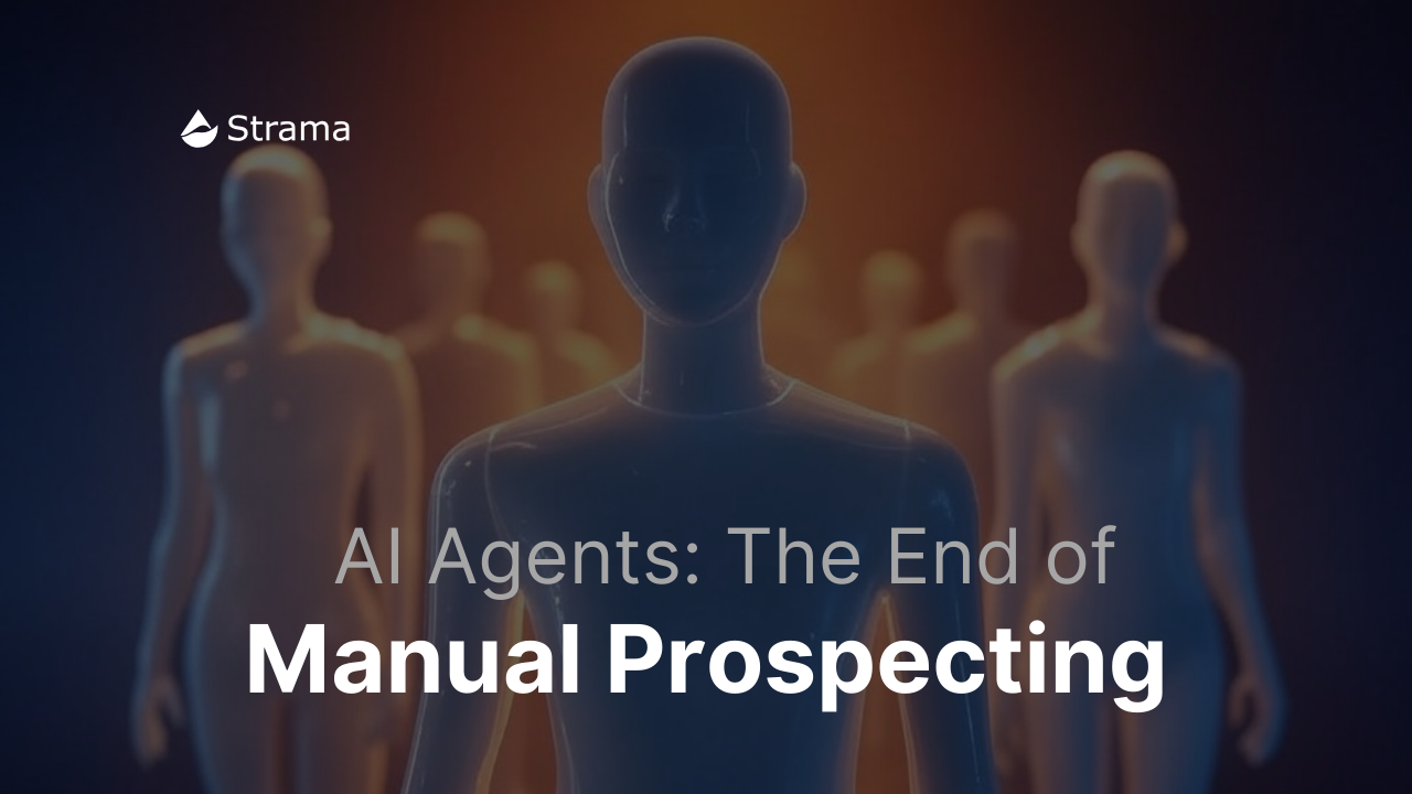Gradient-lit abstract background with glowing vertical lines in warm and cool tones, featuring the text ‘Surge Up’ in a gradient of orange to pink and the tagline ‘Make Prospecting Personal Again,’ alongside the Strama logo.