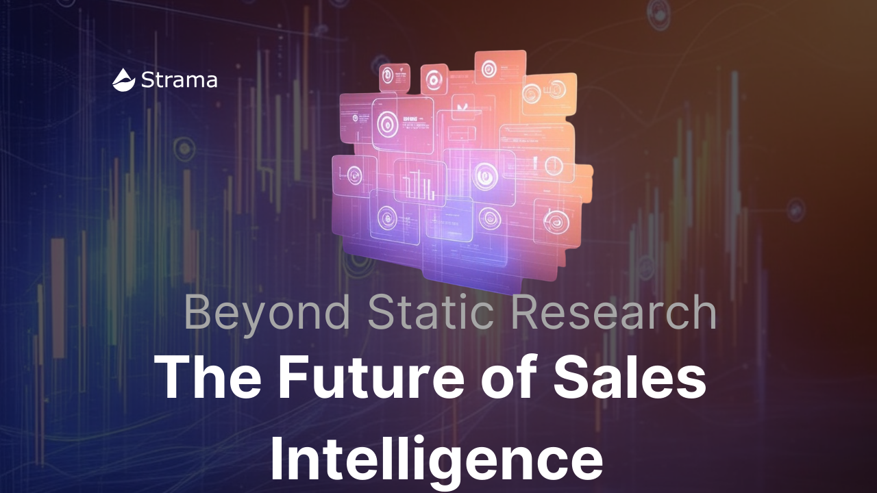 A futuristic image with glowing data panels floating over a dark background with financial charts. The Strama logo is in the top left, and bold white text reads, “The Future of Sales Intelligence,” with a subtitle, “Beyond Static Research.”