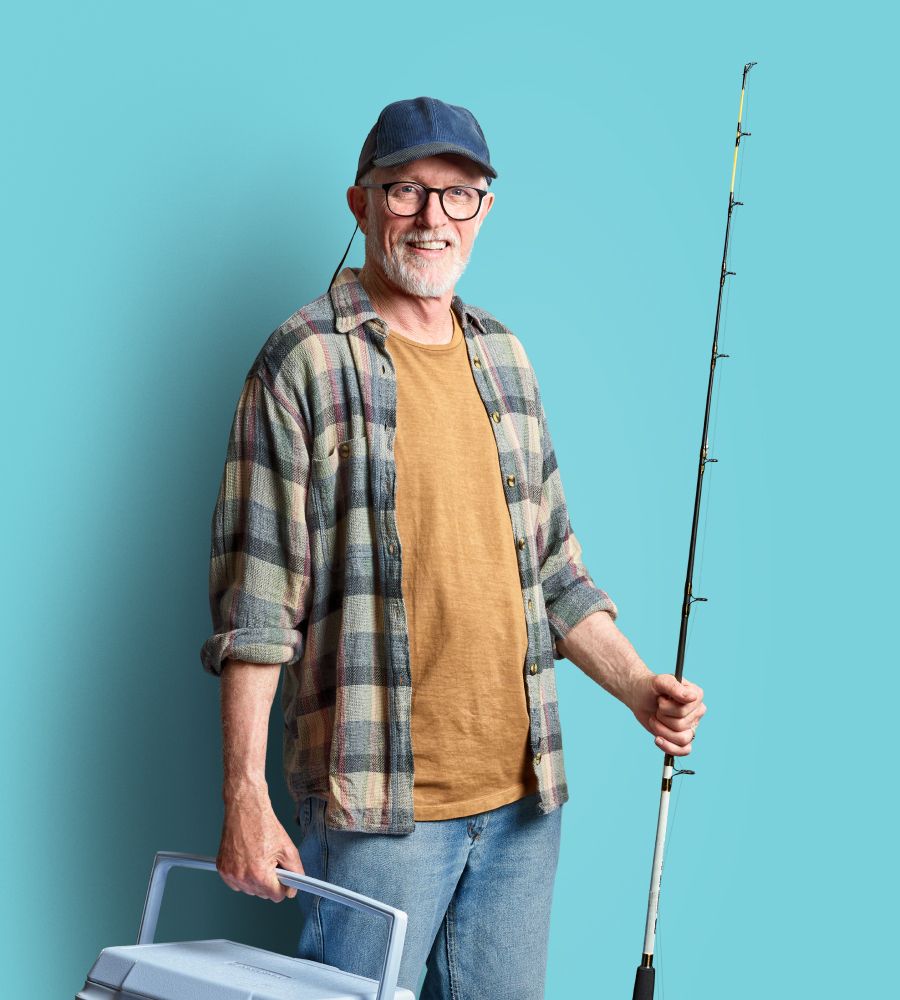 Guy with fishing rod on blue background