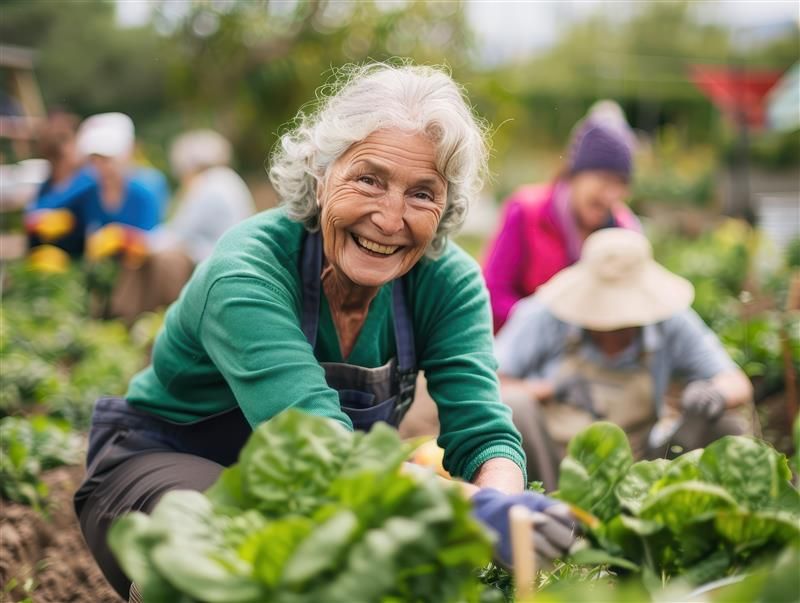 Woman smiling at the camera while gardening at a retirement village vegetable allotment