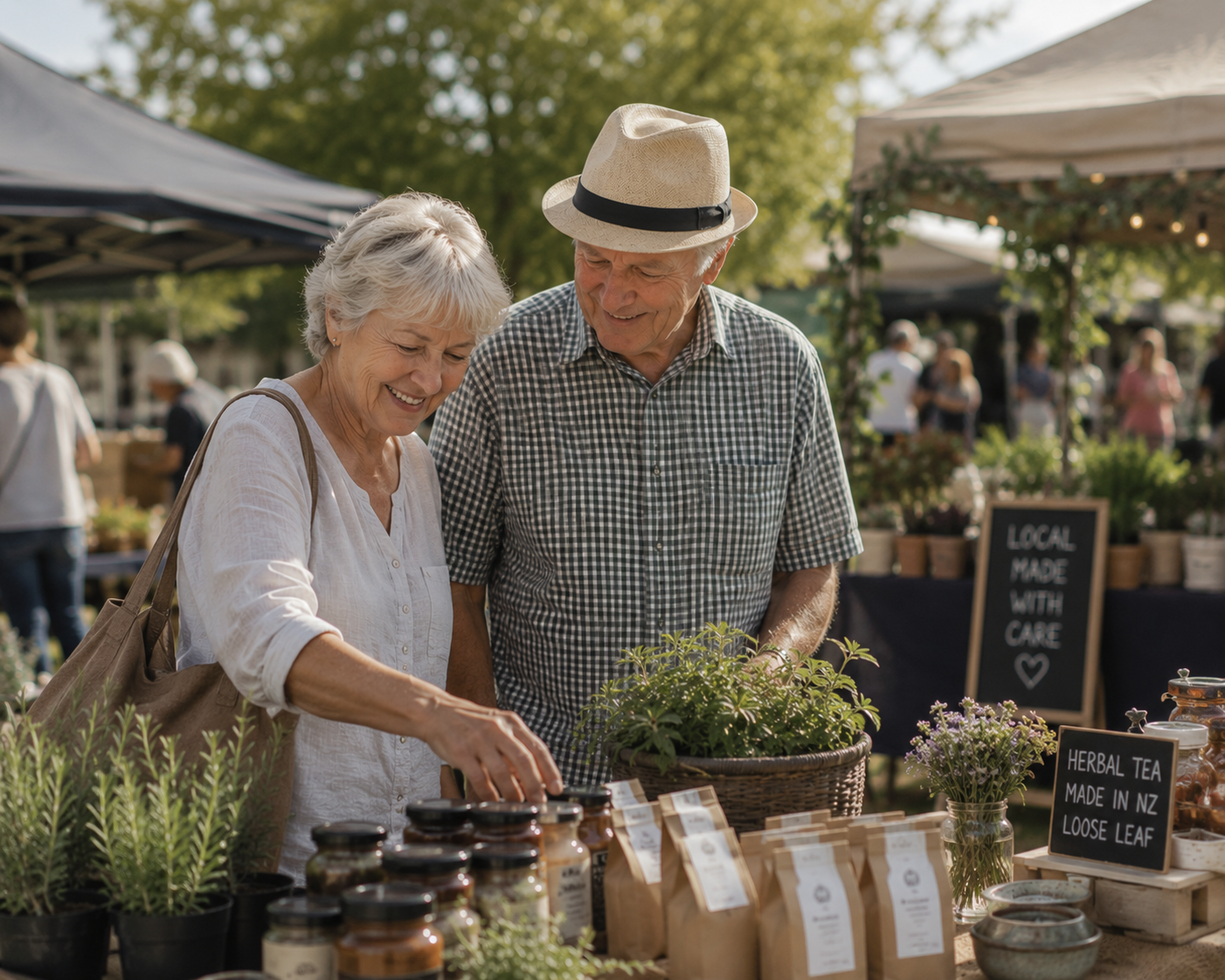 Older couple at a market buying veges and herbs