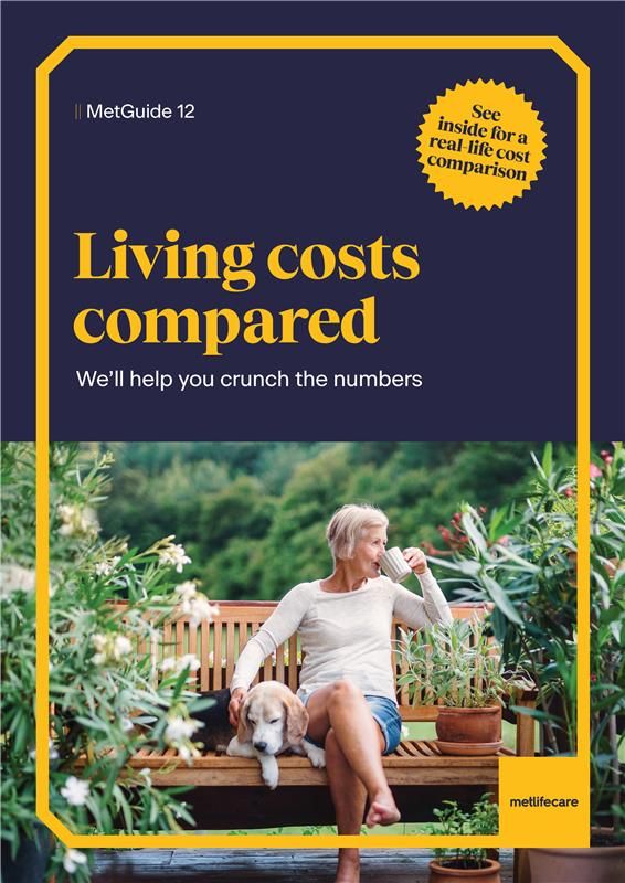 Cover of Metlifecare’s “Living Costs Compared” MetGuide featuring a woman relaxing on a garden bench with her dog