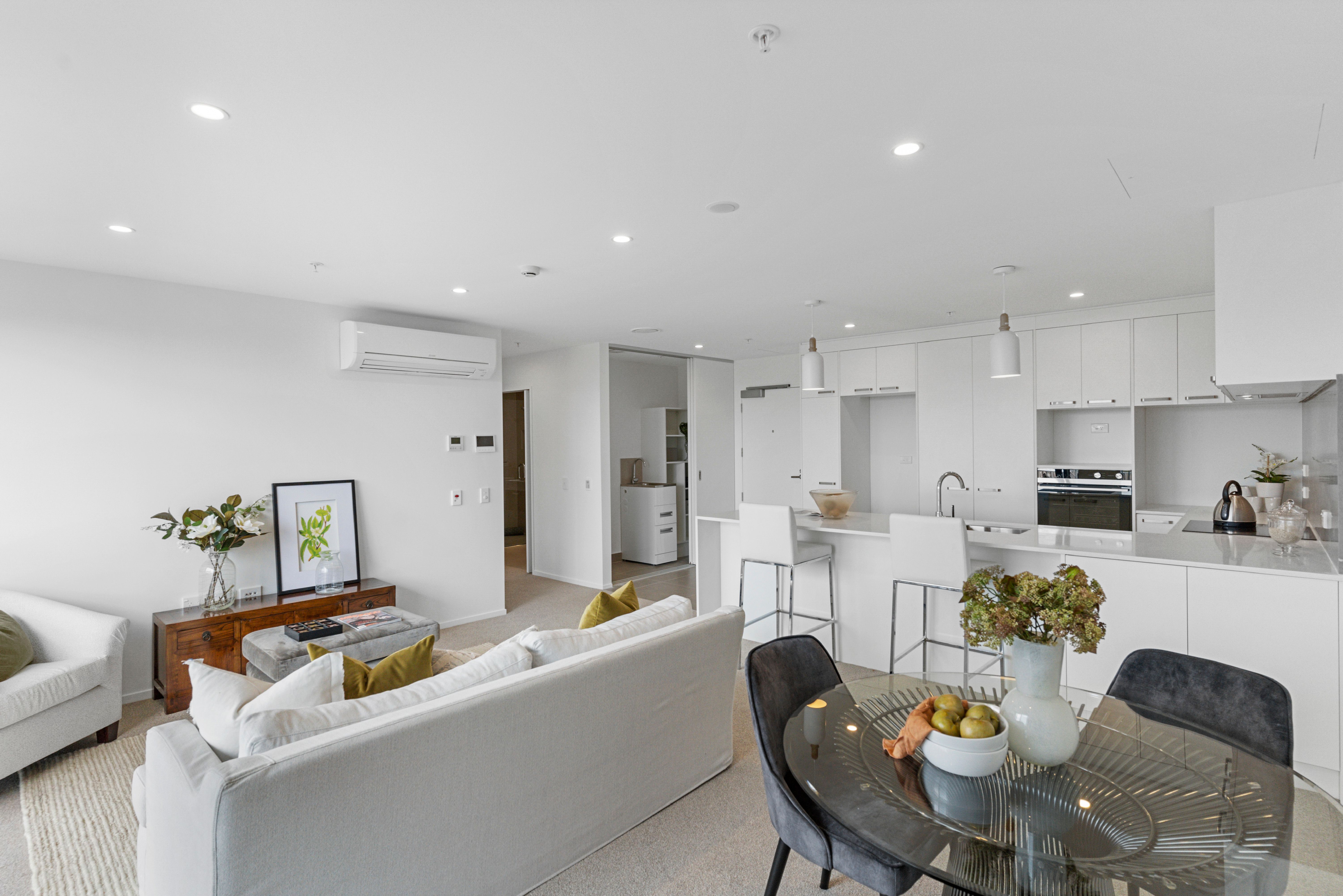 Living, kitchen, dining area