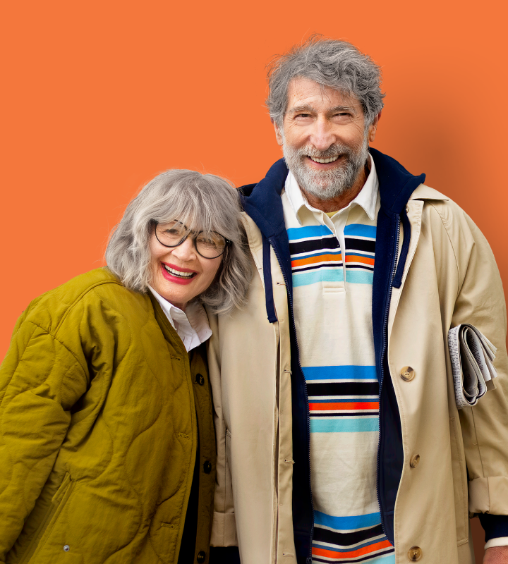 Lady with dog on blue