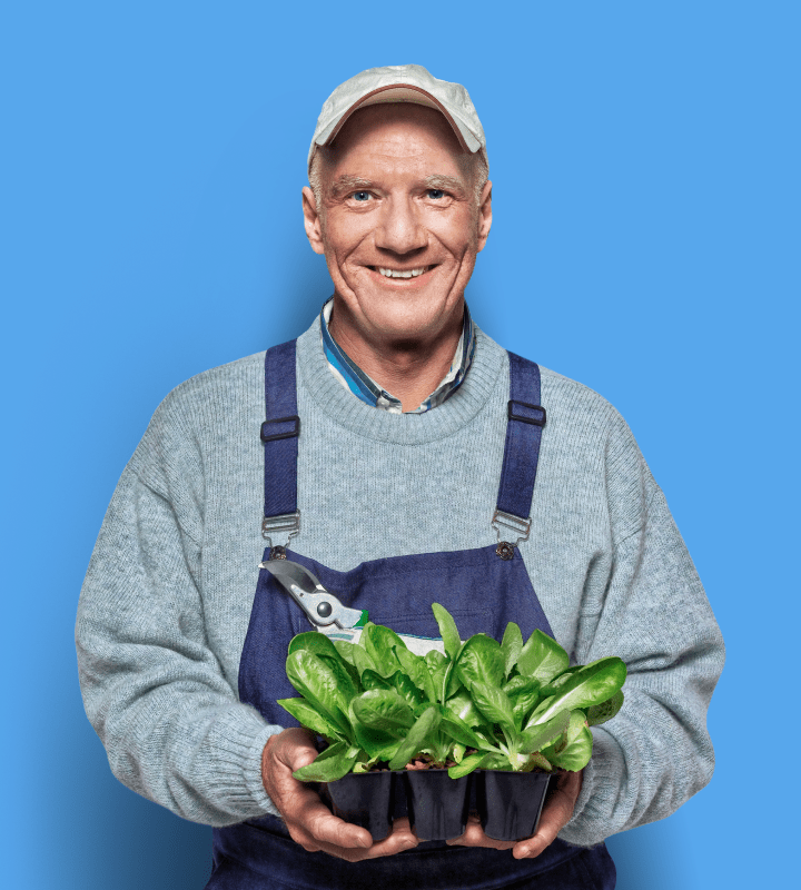 Resident smiling on blue