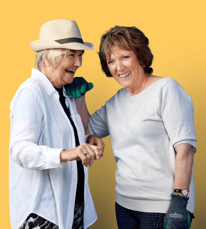 Resident smiling on yellow