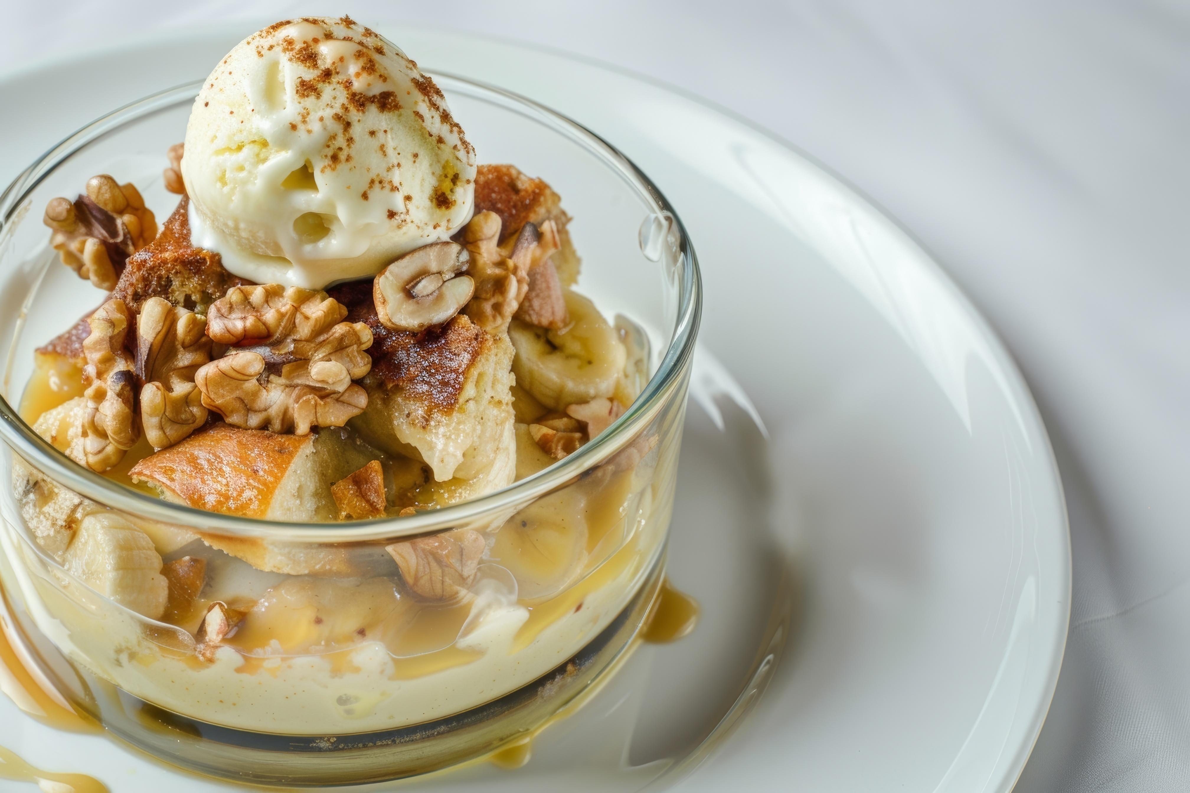 Banana bread pudding with ice cream and walnuts